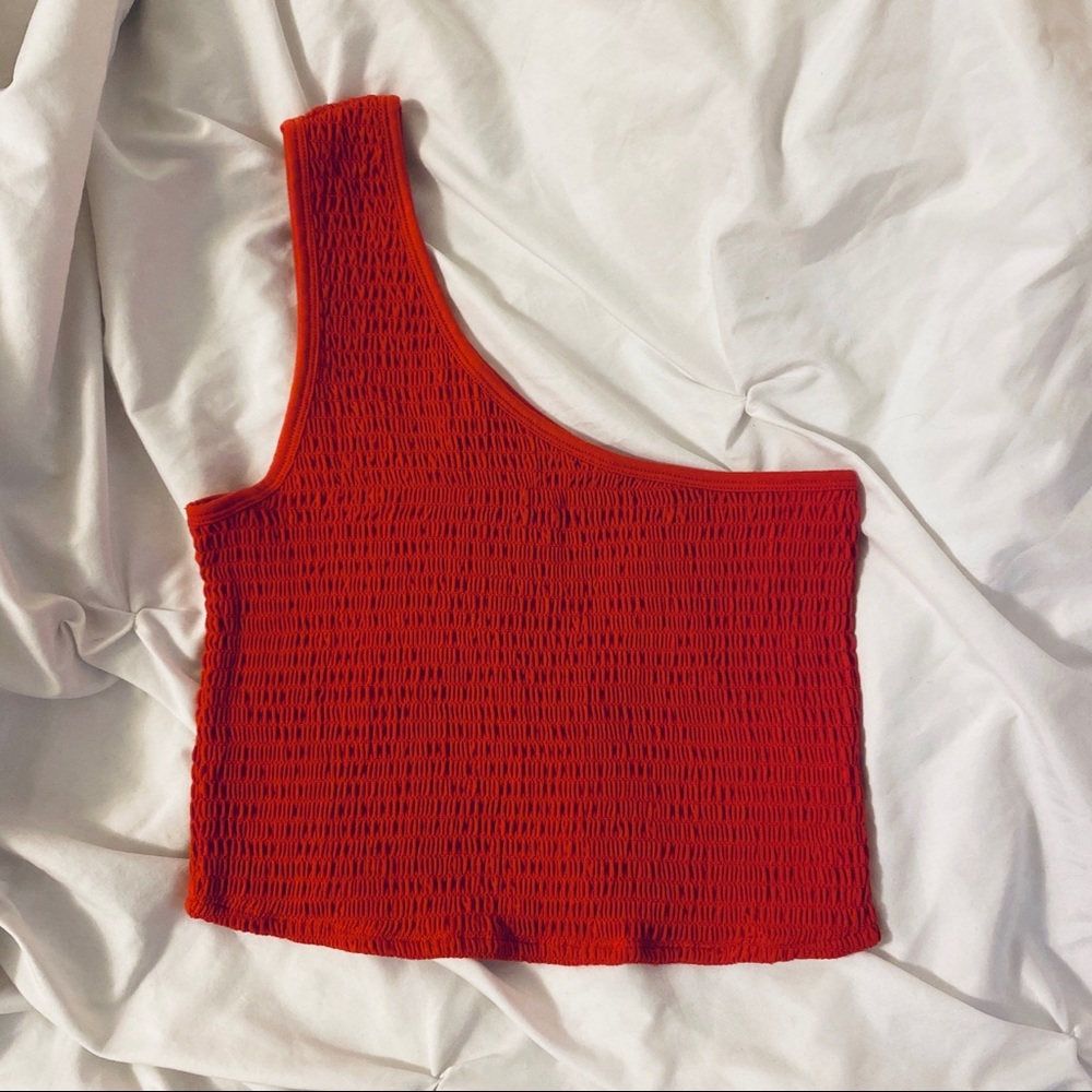 NEW red one shoulder all over smocked crop top